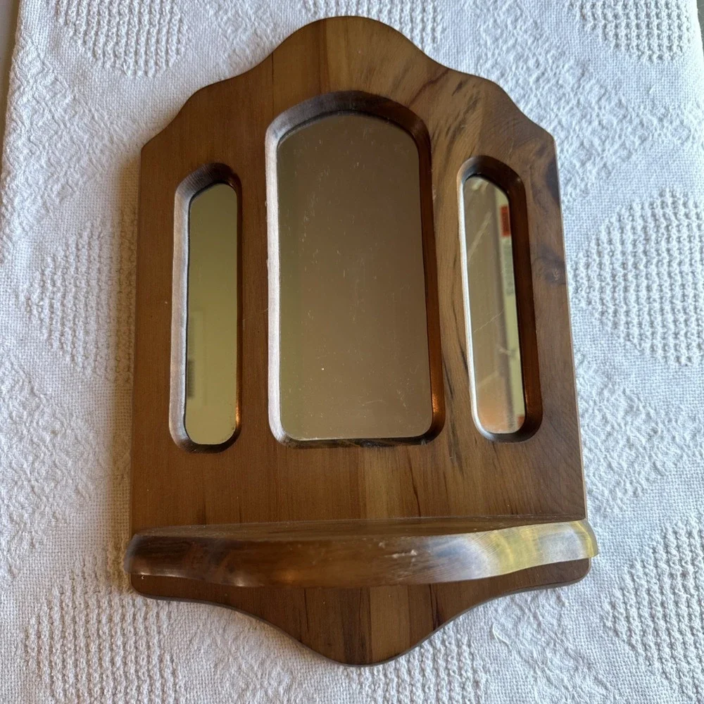 Vintage Wooden Triple Mirrored Wall Shelf Cottagecore Rustic